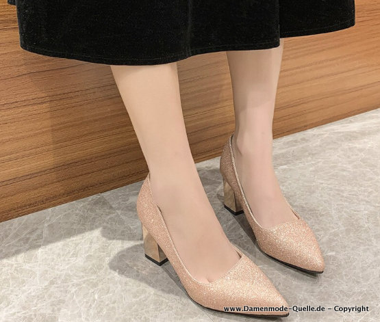 Glitzer Chunky Heels Pumps Elegant in Gold