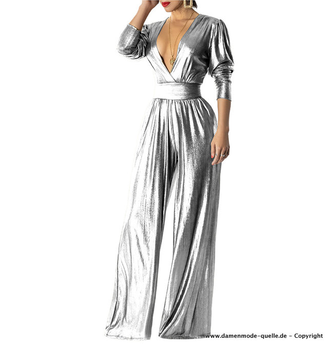 Glitzer Metallic Jumpsuit Einteiler Overall Lang in Silber mit Sexy V Ausschnitt