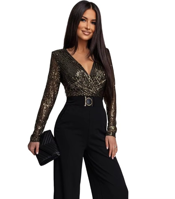 Glitzer Pailletten Einteiler Jumpsuit Danica Elegant in Gold Schwarz