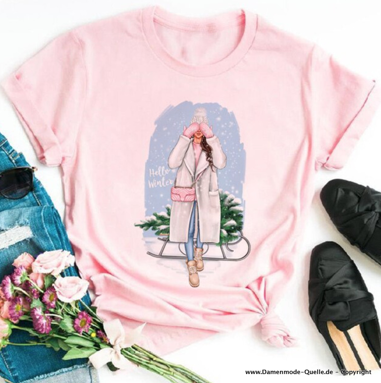 Hello Winter Print Damen T-Shirt in Rosa