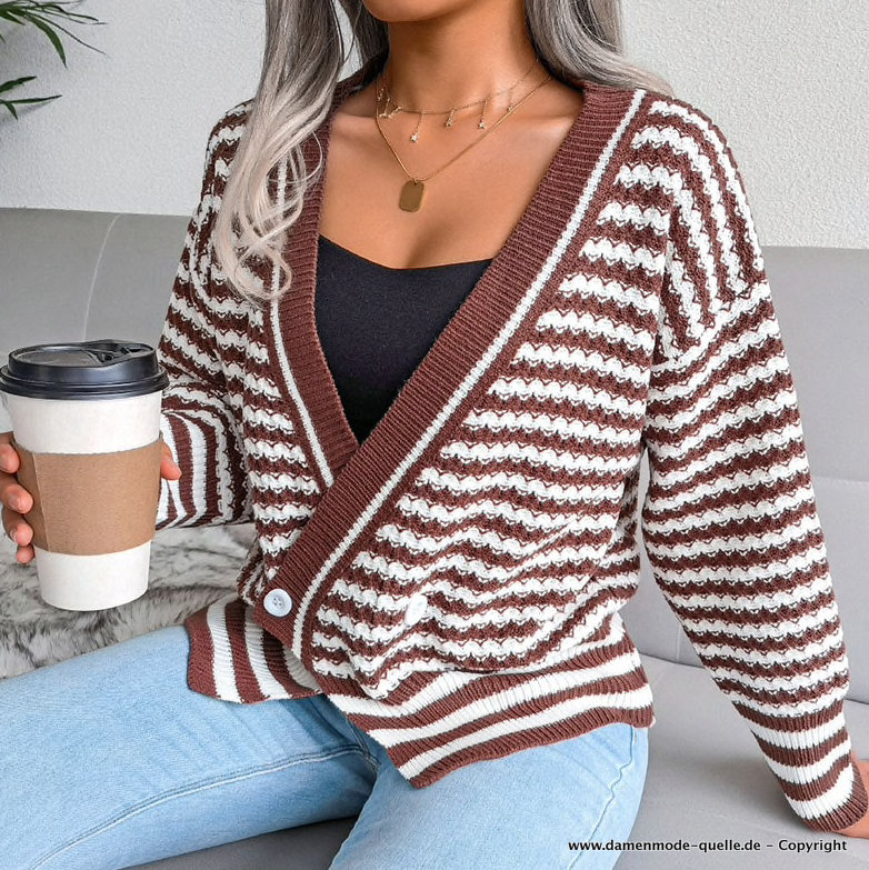 Herbst Frühjahr Pullover Strickjacke Gestreift Braun