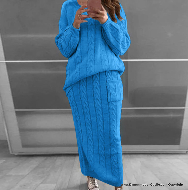Herbst Winter Damen Outfit Gestrickt Lässig Sweater mit Rock im Set Blau