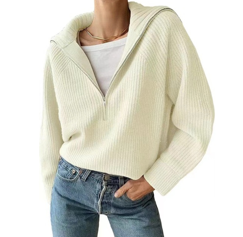 Herbst Winter Damen Zipper Strick Pullover in Weiß