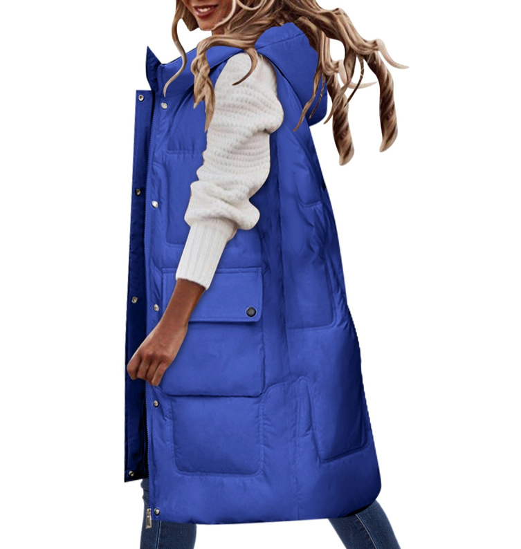 Herbst Winter Warme Damen Weste Lang mit Taschen und Kapuze Blau