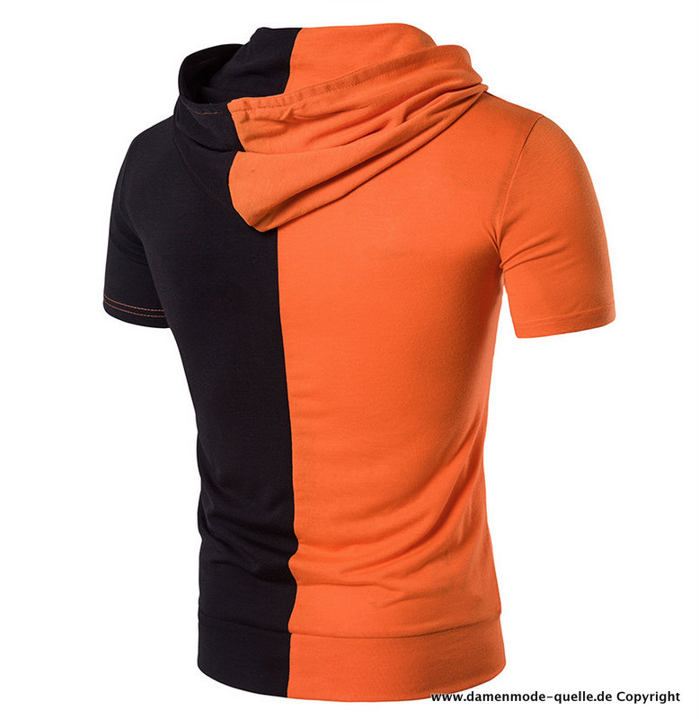 Herren Kaputzen Kurzarm Shirt in Orange Schwarz