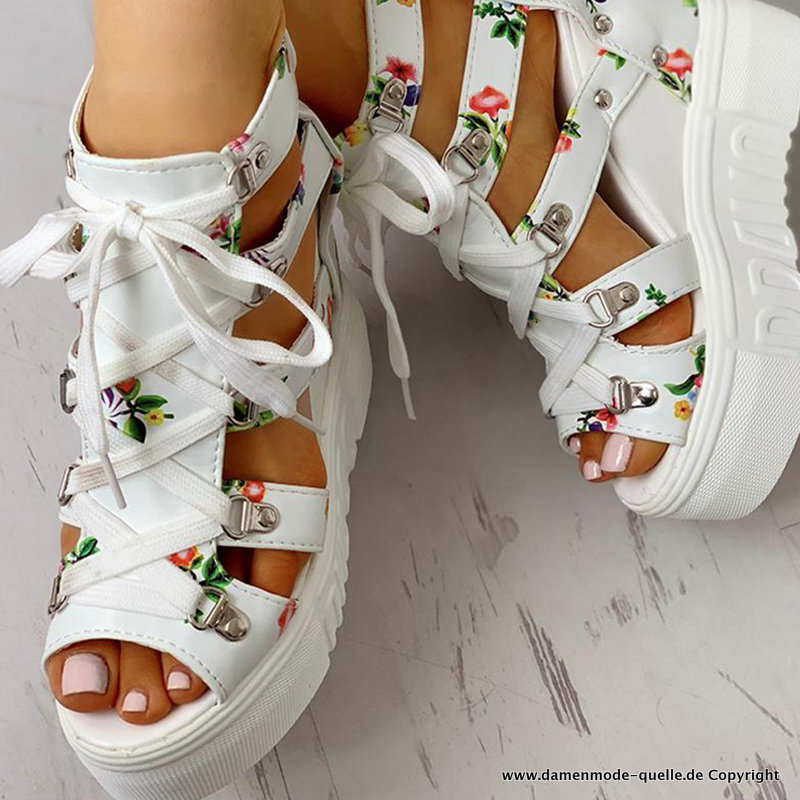 High Heels Casual Plateau Sommer Schuhe in Weiß mit Blumen