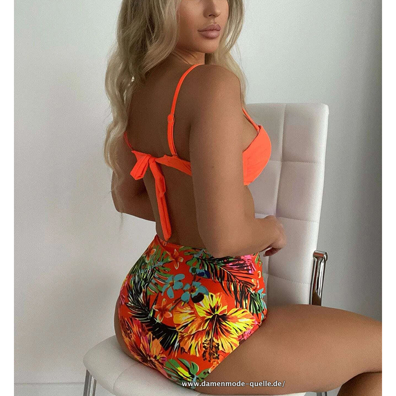 Hohe Taille Bikinis Damen Badeanzug Orange Sexy Push Up Bademode