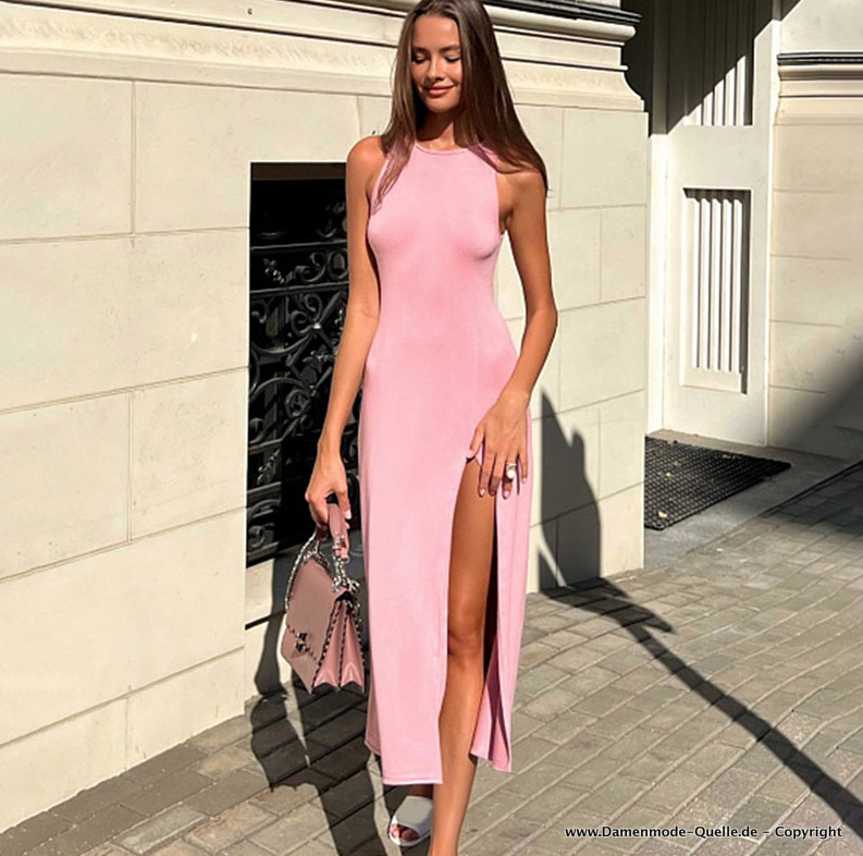 I Linie Cut Out Sommerkleid Lang Ärmellos in Rosa