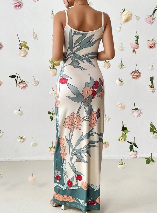 I Linie Satin Maxi Sommerkleid 2025 Emielia Weiß mit Blumenmuster