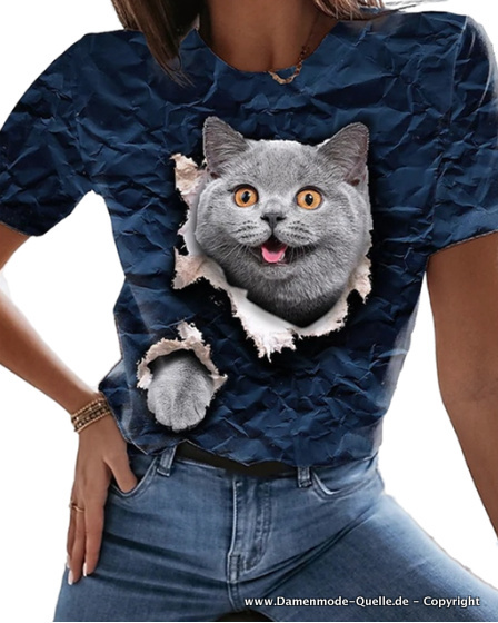 Katzen Print Damen Sommer Shirt Blau