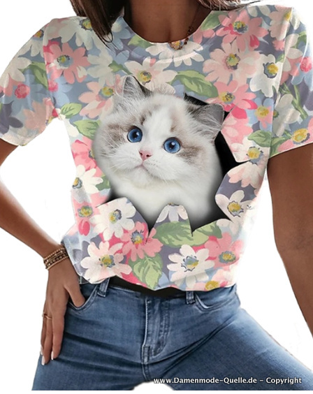 Katzen Print Damen Sommer Shirt mit Blumen