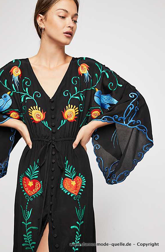 Kimono Style Sommerkleid Lang in Schwarz mit Blumenstick