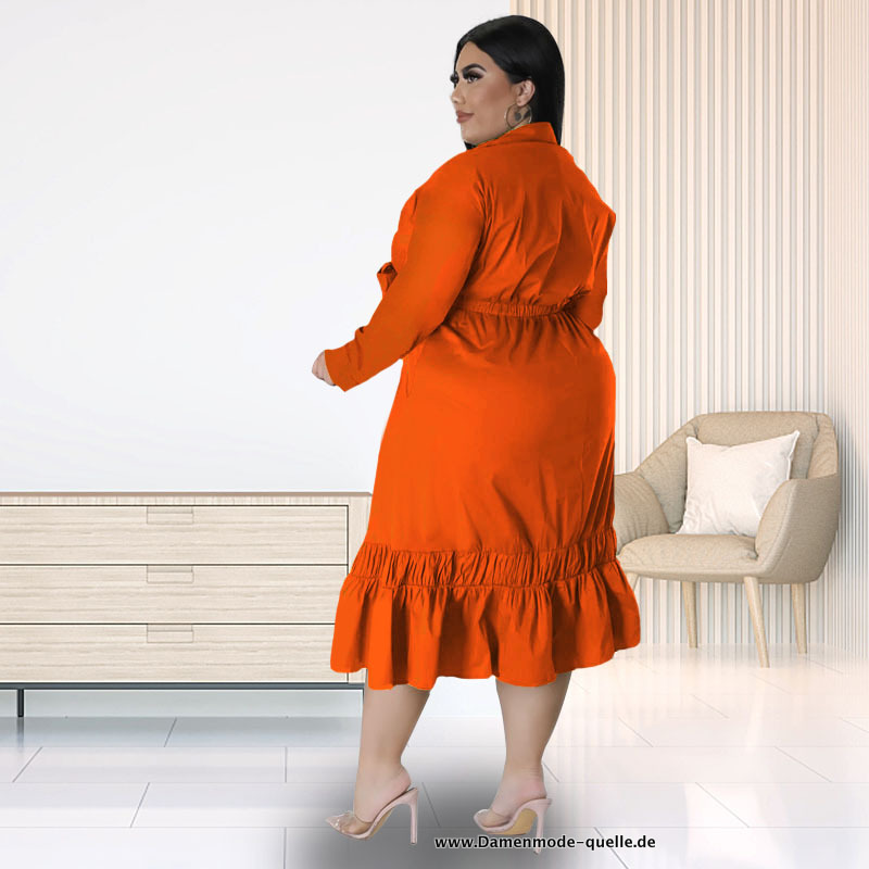 Kragen Langarm Rüschen Saum Vintage A-linie Kleid in Orange