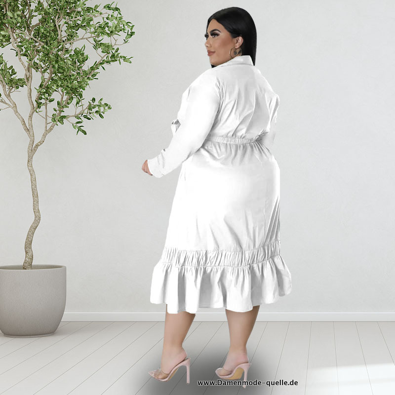 Kragen Langarm Rüschen Saum Vintage A-linie Kleid 2023 in Weiß