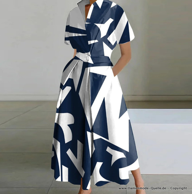 Kurzarm A-Linie Sommerkleid mit Kragen Wadenlang Elegant in Blau Weiß