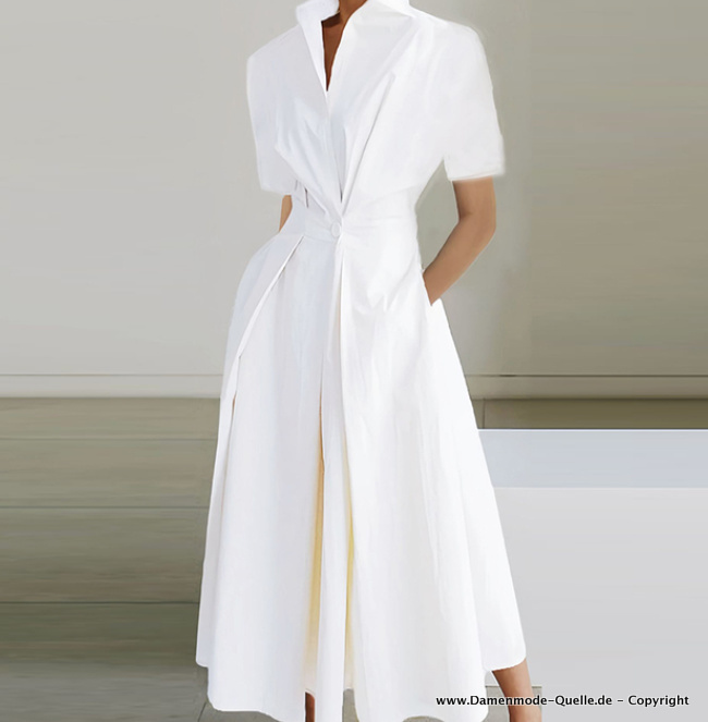 Kurzarm A-Linie Sommerkleid mit Kragen Wadenlang Elegant in Weiß