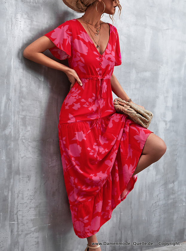 Kurzarm Maxi Sommerkleid mit Blumenmuster Lang in Rot Pink