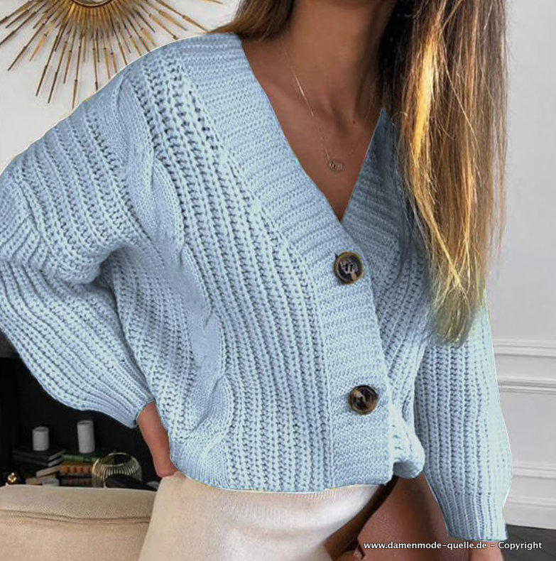 Kurze Strickjacke Langarm V Ausschnitt Cardigan in Hellblau