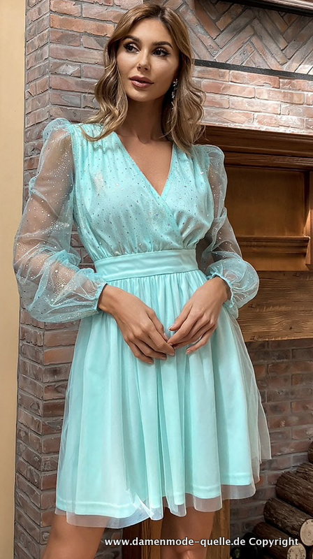 Kurzes Elegantes Kleid 2021 in Türkis Blau mit Tüll Ärmel