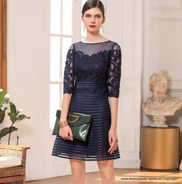 Kurzes Elegantes Langarm Kleid 2021 mit Spitzen Ärmel in Dunkel Blau