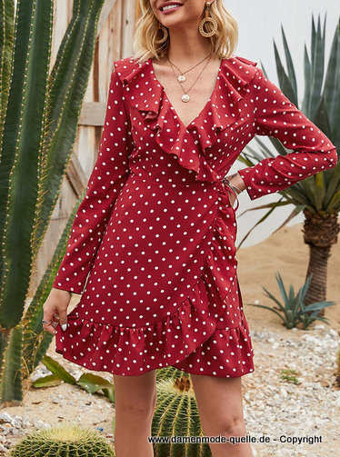 Kurzes Langarm Sommerkleid in Rot Gepunktet