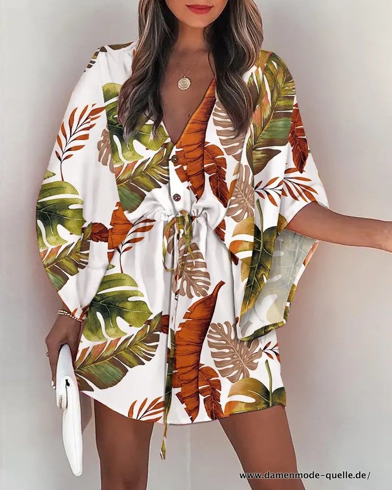 Kurzes Sommer Tunika Kleid mit Palmen in Weiß