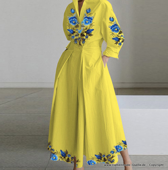 Langarm A-Linie Sommerkleid mit Kragen Wadenlang Elegant in Gelb mit Blumen