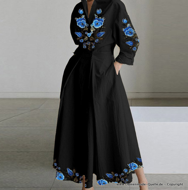 Langarm A-Linie Sommerkleid mit Kragen Wadenlang Elegant in Schwarz mit Blumen
