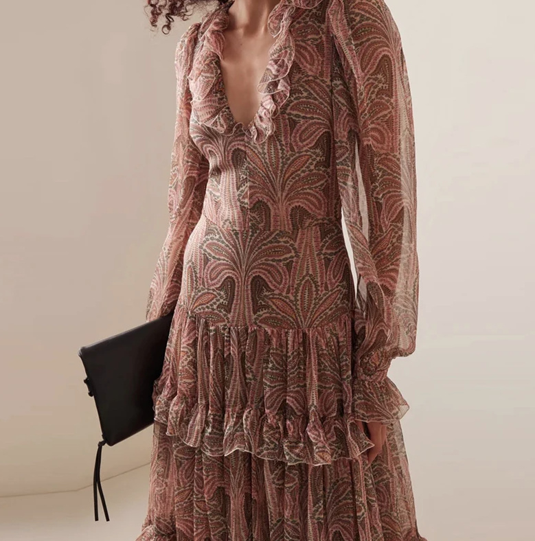 Langarm Chiffon Boho Kleid Elegant in Bronze Braun