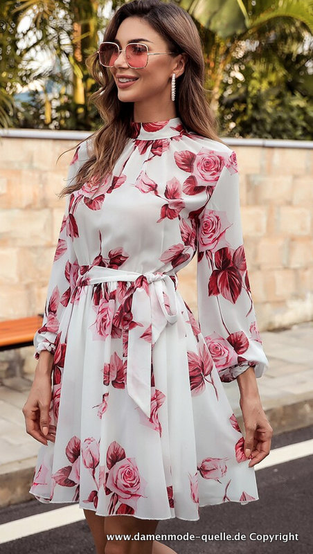 Langarm Chiffon Kleid 2021 Kurz mit Blumenmuster Elegant