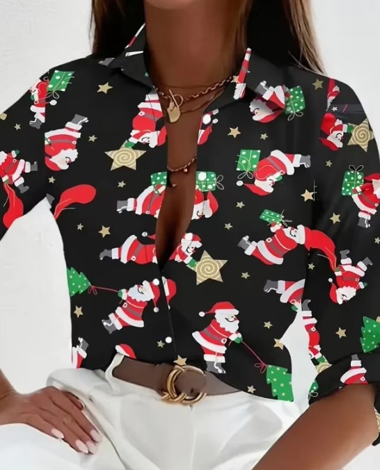 Langarm Damen Bluse mit Weihnachts Motive in Schwarz