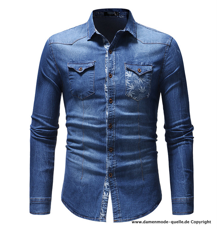 Langarm Herren Jeans Hemd in Blau oder Schwarz mit Print Deko
