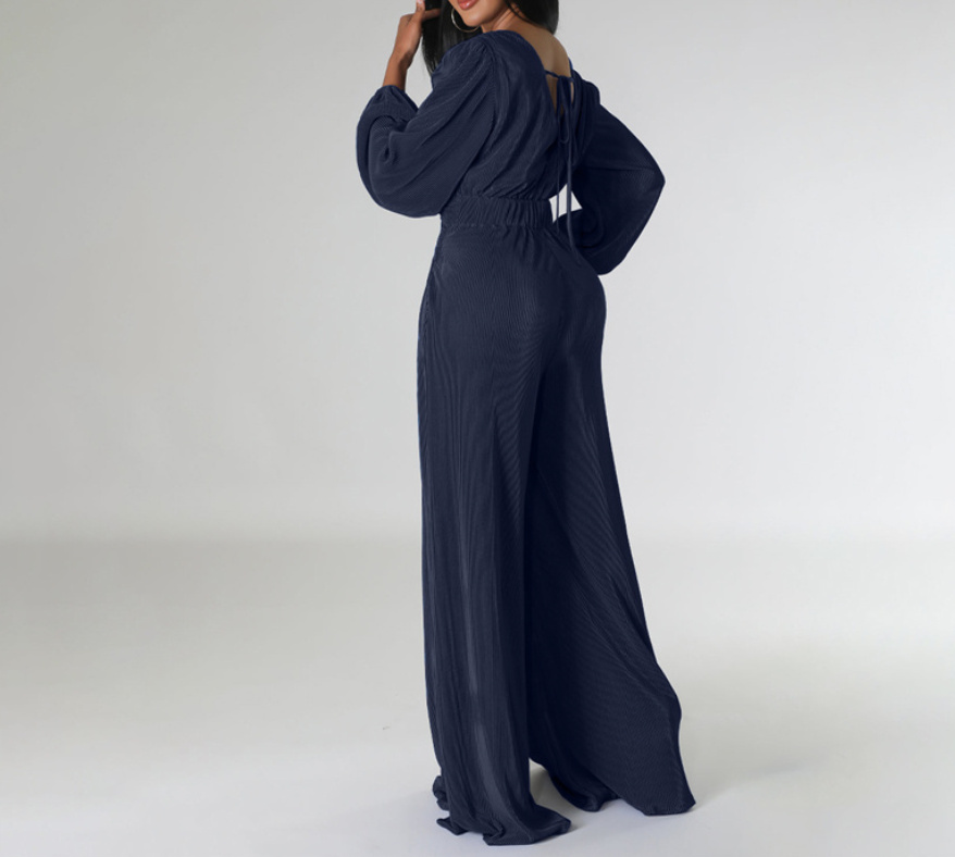 Langarm Jumpsuit Einteiler Elegant mit V Ausschnitt in Dunkelblau