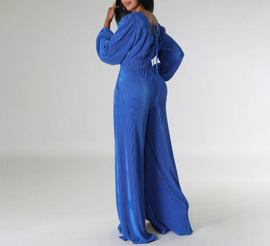 Langarm Jumpsuit Einteiler Elegant mit V Ausschnitt in Navyblau