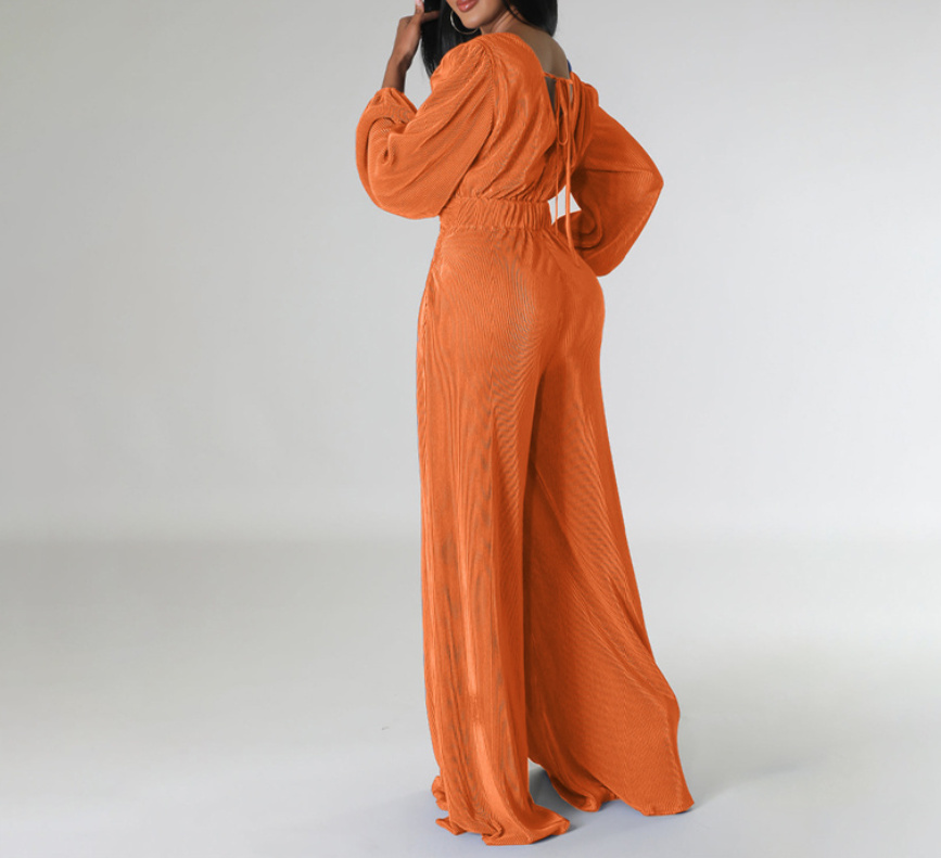 Langarm Jumpsuit Einteiler Elegant mit V Ausschnitt in Orange