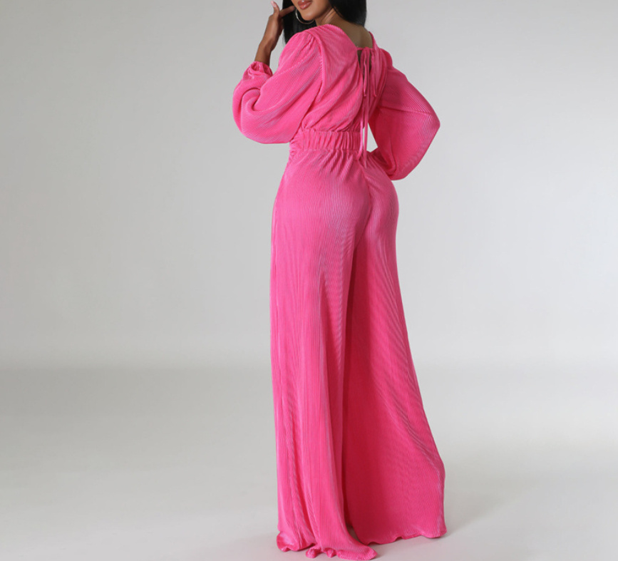 Langarm Jumpsuit Einteiler Elegant mit V Ausschnitt in Pink