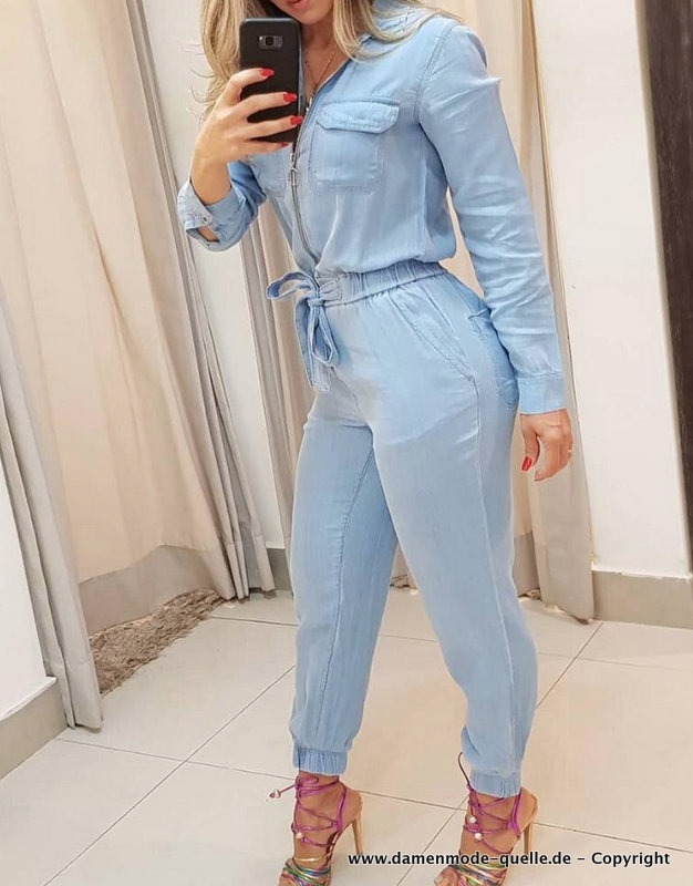 Langarm Slim Fit Overall Onepice in Hellblau