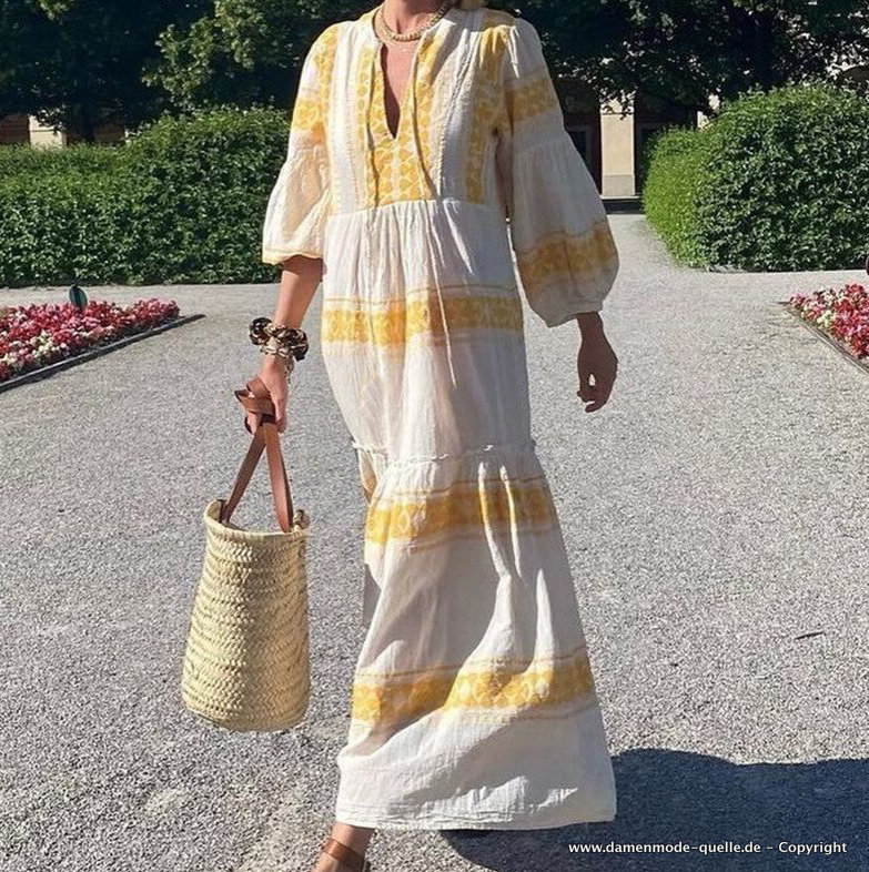 Langarm Sommer Boho Maxi Kleid in Weiß Gelb
