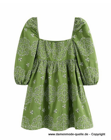 Langarm Stickereien Kleid Kurz in Grün