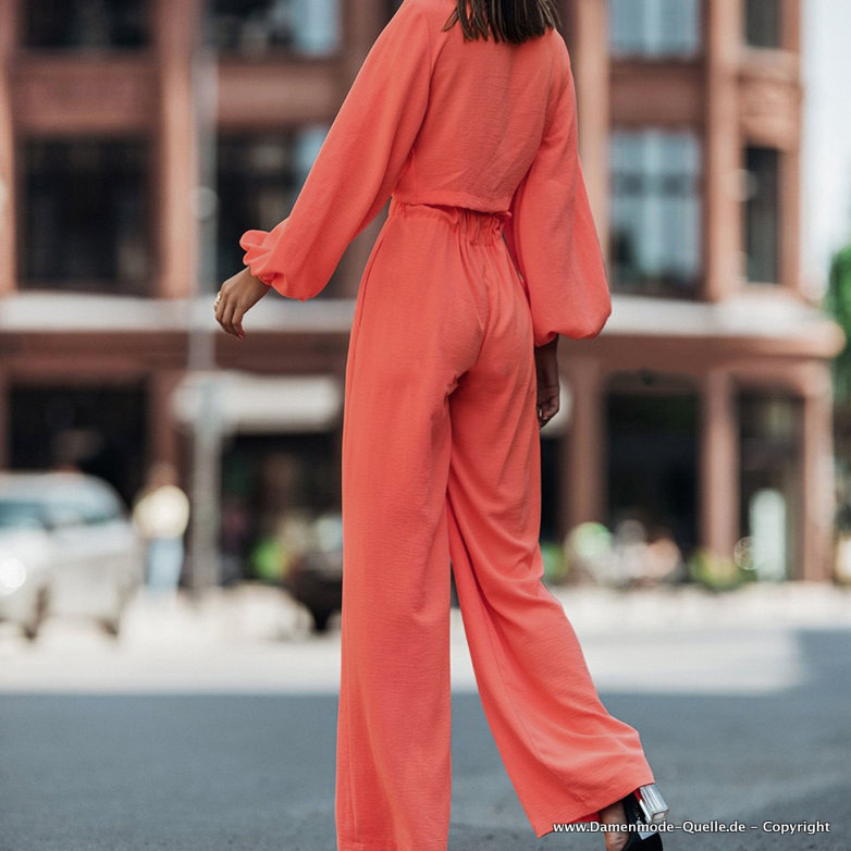 Langarm Zweiteiler Outfit in Orange mit Sexy V Ausschnitt