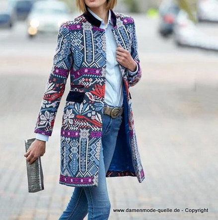 Lange Elegante Damen Blazer mit Blumen Muster