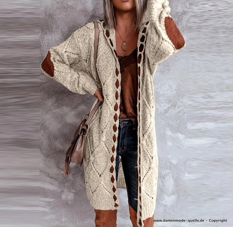 Lange Patchwork Strickjacke Cardigan in Beige Creme