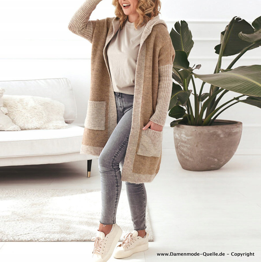 Lange Patchwork Strickjacke Cardigen mit Kapuze in Braun Beige