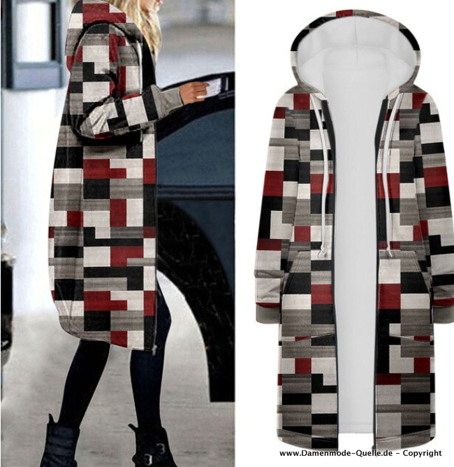 Lange Warme Jacke Cardigan für Damen Patchwork Kariert