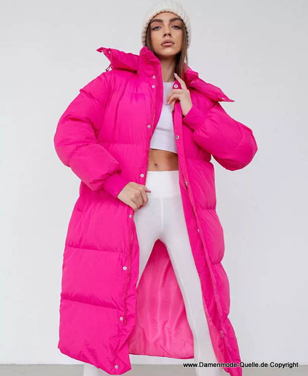 Lange Warmen Winterjacke für Damen mit Reißverschluss in Pink