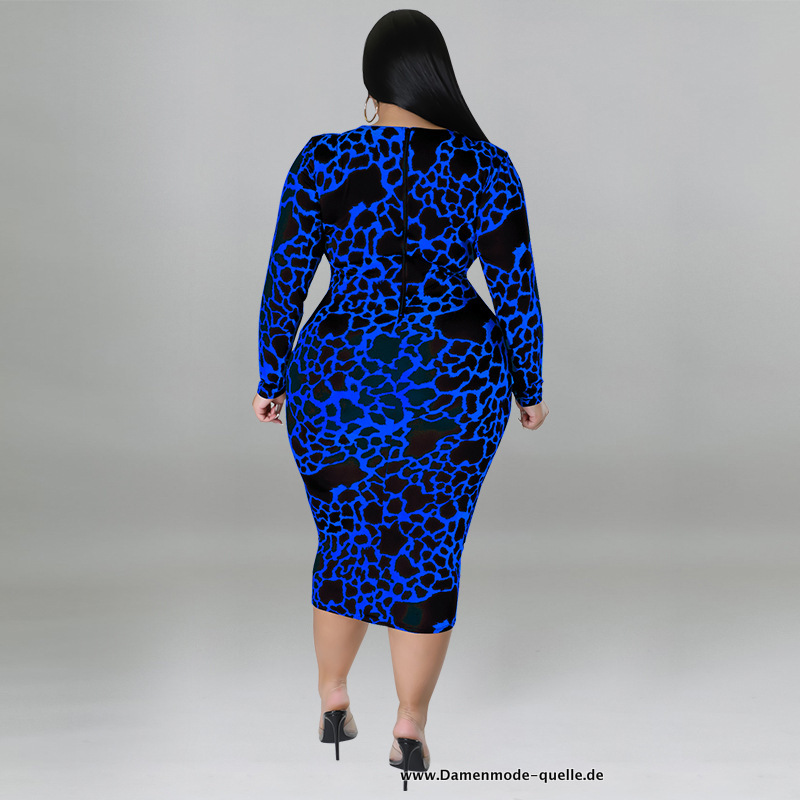 Leopard Damen Bodycon Kleid mit V Ausschnitt in Blau