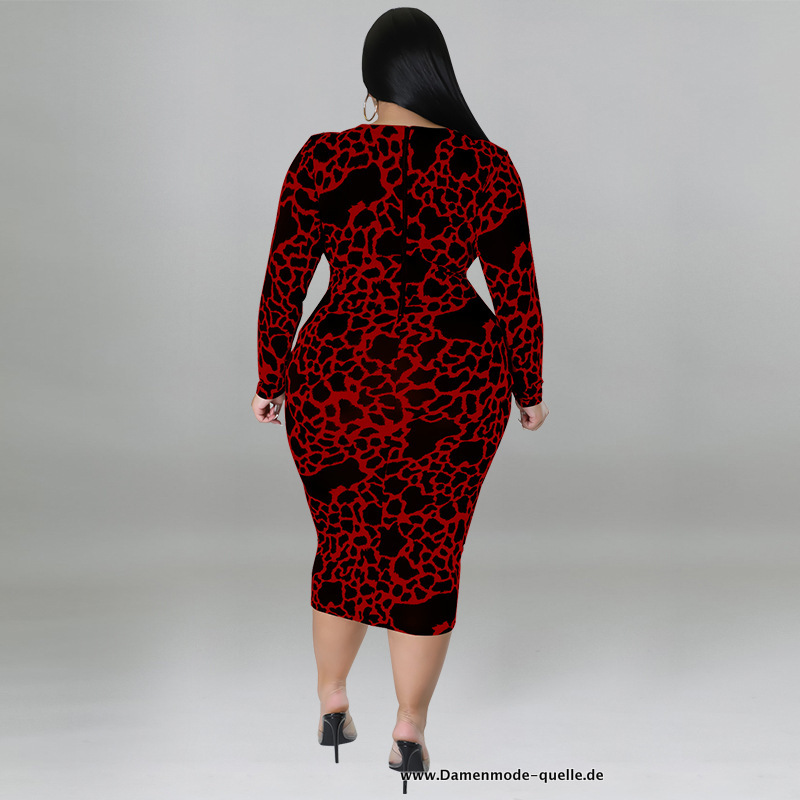 Leopard Damen Bodycon Kleid mit V Ausschnitt in Rot