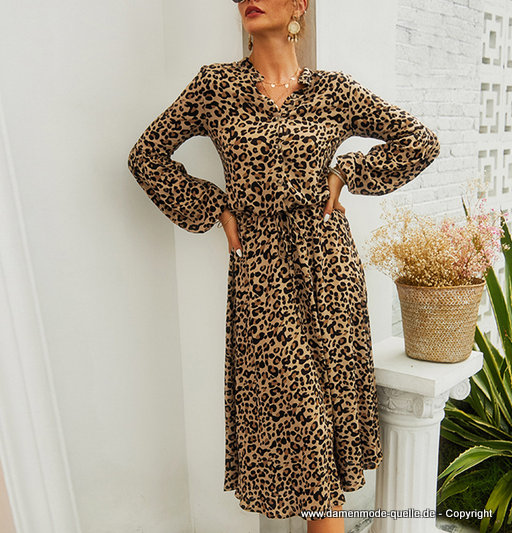 Leopard Print Langarm Sommerkleid Wadenlang