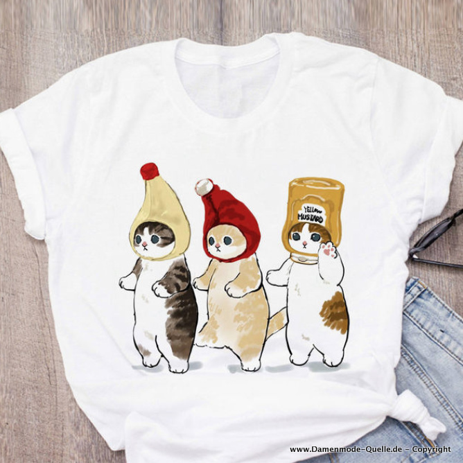Lustige Cartoon Katzen Print Damen T-Shirt in Weiß