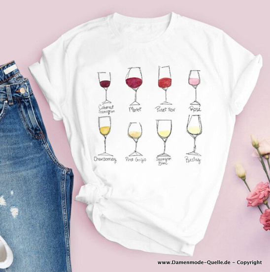 Lustige Damen T-Shirt in Weiß mit Weinsorten 
